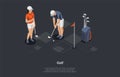 Golf, Hobby, Modern Ball Games Concept. Players Using Golf Equipment And Various Clubs To Hit Balls Into A Series Of