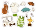 Golf icons hobby car equipment cart player golfing sport symbol flag hole game elements vector illustration. Royalty Free Stock Photo