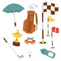 Golf icons hobby equipment cart player golfing sport symbol flag hole game elements vector illustration. Royalty Free Stock Photo