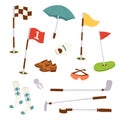 Golf icons hobby equipment cart player golfing sport symbol flag hole game elements vector illustration. Royalty Free Stock Photo