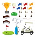 Golf Icons Set Vector. Golf Accessories. Cup, Flag, Grass, Cap, Stick, Bag, Car. Isolated Flat Cartoon Illustration Royalty Free Stock Photo