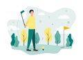 Golf illustration. A golfer stands on a field in front of a golf ball on a stand, holds a club in his hands and waves Royalty Free Stock Photo