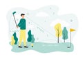 Golf illustration. A man with a club on the golf course trains to hit the hole, calculating the angle and scope, stands