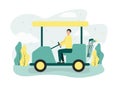 Golf illustration. A man rides in a golf car with clubs on the field, against a background of trees. A man sits in a Royalty Free Stock Photo