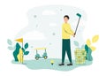 Golf illustration. A man with a stick stands near the ball on a stand and a basket with balls, on a golf course a