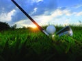 Golf and iron. Hit the golf course in the green lawn.Closeup golf balls in the green lawn gently when exposed to sunlight Sports p