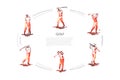 Golf - man with golf club in different active poses vector concept set