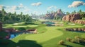 Golf park with green meadow and lakes created with Generative AI