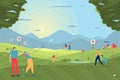 Golf play people vector illustration. Participants spend leisure time doing sport on playing field. Girl hit ball with Royalty Free Stock Photo