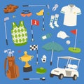 Golf player clothes and accessories vector illustration. Golfing club male outdoor game player. Different swing sport