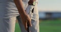 Golf player hands swing hold putter club on green course. Man play sport outside Royalty Free Stock Photo