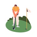 Golf player putt ball in hole. Professional golfer standing, hold club in hand. People at sport game training. Woman