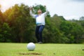 Golf player at the putting green hitting ball into a hole Royalty Free Stock Photo