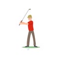 Golf player in red t-shirt and cap swinging club over head isolate on white background Royalty Free Stock Photo