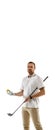 Golf player in a white shirt practicing, playing isolated on white studio background Royalty Free Stock Photo