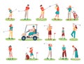 Golf players characters. Children and teenage sportsmen with equipment playing golf on lawn. Male character riding cart