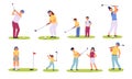 Golf players characters. Different ages golfers, happy men, women and children with with golf clubs, family sport summer Royalty Free Stock Photo