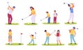 Golf players characters. Different ages golfers, happy men, women and children with with golf clubs, family sport summer outdoor Royalty Free Stock Photo