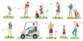 Golf players characters. Men, women and children playing golf on green grass, golfers with clubs and equipment, sports Royalty Free Stock Photo