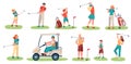 Golf players characters. Men, women and children playing golf on green grass, golfers with clubs and equipment, sports activity Royalty Free Stock Photo