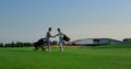 Golf players meeting together on course field. Golfing team talking sport game. Royalty Free Stock Photo