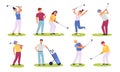 Golf players people. Male and female golfers, sportive characters, club members play on green fields, hitting ball with Royalty Free Stock Photo