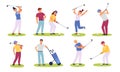 Golf players people. Male and female golfers, sportive characters, club members play on green fields, hitting ball with stick, Royalty Free Stock Photo