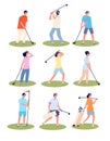 Golf playing. Cartoon fun golfing players, sport time. Isolated golfers in uniform sporting outfits. Flat men women Royalty Free Stock Photo