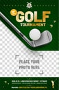 Golf poster template with club, ball and place for your photo Royalty Free Stock Photo