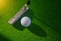 Golf ball and putter on green grass background in the morning, with the beautiful sunlight Royalty Free Stock Photo