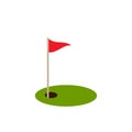 Golf red flag on green grass and hole. Isolated on white background Royalty Free Stock Photo