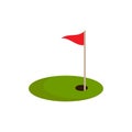 Golf red flag on green grass and hole. Isolated on white background Royalty Free Stock Photo