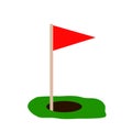 Golf red flag on green grass and hole. Isolated on white background. Flat vector. Sport concept. Goal achievement sign. Royalty Free Stock Photo