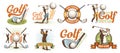 Golf retro logo with clubs balls and golfer Royalty Free Stock Photo