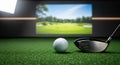 Golf Simulator Setup with Golf Ball and Club on Artificial Turf, Indoor Practice Range, Green Field Background Royalty Free Stock Photo