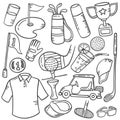 Golf sport concept doodle hand drawn set collections with outline black and white style Royalty Free Stock Photo