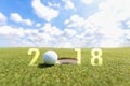 Golf sport conceptual image.Happy new year 2018. Golf ball on the green fairway