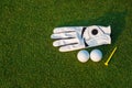 The golf sport equipment  white glove ,golf ball, golf club and  yellow tee golf with green grass Royalty Free Stock Photo