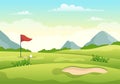 Golf Sport Illustration with Flags, Cart, Sticks, Green Field and Sand Bunker for Outdoors Fun or Lifestyle in Cartoon Hand Drawn Royalty Free Stock Photo
