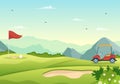 Golf Sport Illustration with Flags, Cart, Sticks, Green Field and Sand Bunker for Outdoors Fun or Lifestyle in Cartoon Hand Drawn Royalty Free Stock Photo