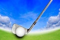 Golf Stick and Ball on the Green Grass Royalty Free Stock Photo