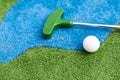 Golf stick and ball on green grass close up. Royalty Free Stock Photo