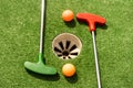 Golf stick and ball on green grass close up. Royalty Free Stock Photo