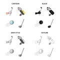 Golf stick in hand, putter in bag, ball in flight, stick. Golf set collection icons in cartoon black monochrome outline Royalty Free Stock Photo