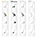 Golf stick in hand, putter in bag, ball in flight, stick. Golf set collection icons in cartoon black monochrome outline Royalty Free Stock Photo