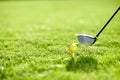 Golf, tee and ball with club on field by ready with swing to hit in hole on driving range in closeup. Sports, training Royalty Free Stock Photo