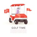 Golf time cartoon poster vector illustration. Summer sports competition. Golfing carriage car with flag isolated on Royalty Free Stock Photo