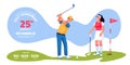 Golf tournament or competition banner flyer, ticket layout. Male and female playing golf, vector illustration