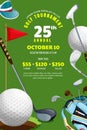 Golf tournament, poster, banner design template. Vector illustration. Ball, bag with golf clubs on green background Royalty Free Stock Photo