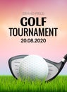 Golf tournament poster template flyer. Golf ball on green grass for competition. Sport club vector design